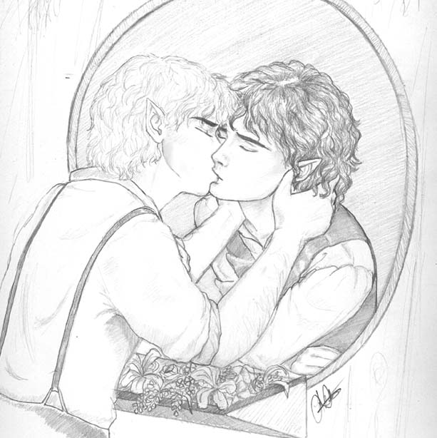 Frodo and Sam kissing through one of Bag End's windows. 